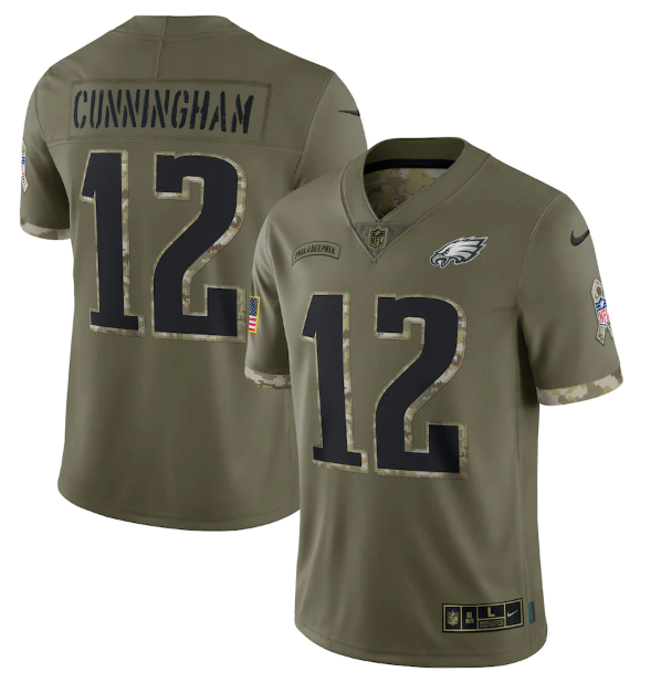Men's Philadelphia Eagles #12 Randall Cunningham Olive 2022 Salute To Service Limited Stitched Jersey Men's Philadelphia Eagles #12 Randall Cunningham Olive 2022 Salute To Service Limited Stitched Jersey